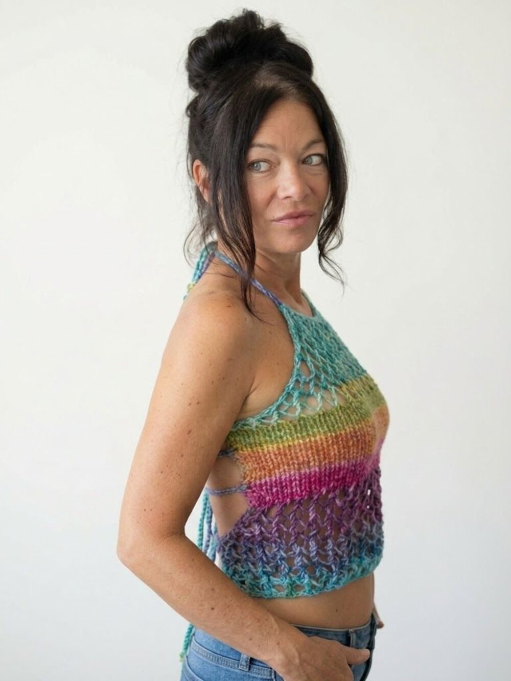 Multicolor Unicorn Handknit Net Y2K Boho Cami Crop Top CoverUp S/M
